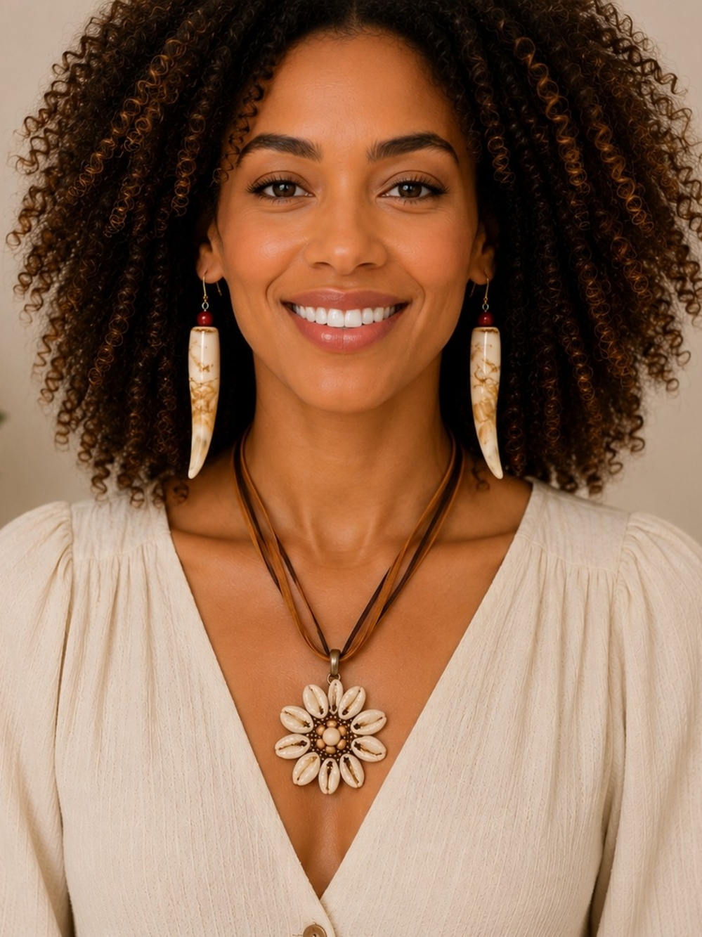 Statement Jewelry Set Shell Flower Necklace + NEW Horn Drop Earrings